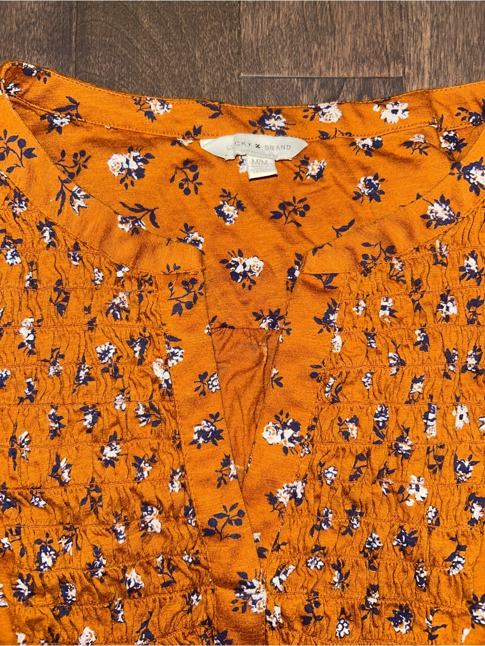 Lucky Brand Rust Orange Floral Smocked Blouse